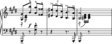 
\new PianoStaff << \override Score.TimeSignature #'stencil = ##f
\new Staff { 
  \key e \major
  \relative c' {
  << {
  \autoBeamOff
  <gis gis'>8[ <b' b'>8^^] <a a'>8^^[ <fisis fisis'>8^^] | 
  \tuplet 3/2 { <eis eis'>8^>[ <dis dis'>^> <cis cis'>^>] }
  <b b'>8.^>[ <a a'>16^>] | <a a'>2
  } \\ {
  r16 <cis e>16 s4. | s2 | r16\( <bis dis fis>16\)[ <bis dis fis>16]
  } >>
} }
\new Staff {
  \clef bass \key e \major \time 2/4
  \relative c' { gis,,8_> r8^\f <gis'' e'>8^^ r8 | r4 r8. gis,,16_. | gis8 r8 s4} }
>>
