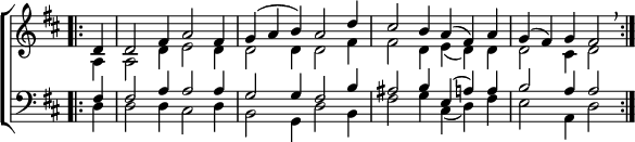 
\new ChoirStaff <<
  \new Staff { \clef treble \time 6/4 \key d \major \partial 4 \set Staff.midiInstrument = "church organ" \omit Staff.TimeSignature \set Score.tempoHideNote = ##t \override Score.BarNumber  #'transparent = ##t 
  \relative c'
  << { \bar".|:" d4 | d2 fis4 a2 fis4 | g( a b) a2 d4 | cis2 b4 a( fis) a | g( fis) g fis2 \breathe \bar":|." } \\
  { a,4 | a2 d4 e2 d4 | d2 d4 d2 fis4 | fis2 d4 e( d) d | d2 cis4 d2 } >>
  }
\new Staff { \clef bass \key d \major \set Staff.midiInstrument = "church organ" \omit Staff.TimeSignature
  \relative c
  << { fis4 | fis2 a4 a2 a4 | g2 g4 fis2 b4 | ais2 b4 e,( a) a | b2 a4 a2 } \\
  { d,4 | d2 d4 cis2 d4 | b2 g4 d'2 b4 | fis'2 g4 cis,( d) fis | e2 a,4 d2 } >>
  } 
>>
\layout { indent = #0 }
\midi { \tempo 4 = 120 }
