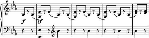 
 \relative c' {
  \new PianoStaff <<
   \new Staff \with { \remove "Time_signature_engraver" } { \key es \major \time 6/8 \partial 4.
    bes8[ es\rest bes]( <es g,>)[ es\rest es]( bes)[ es\rest bes]( <es g,>)[ es\rest es]( bes)[ es\rest bes](
    <es g,>)[ es\rest es]( bes)[ es\rest bes]( <f' d>)[ es\rest <f d>]
   }
   \new Dynamics {
    s4.\f s4.\sf
   }
   \new Staff \with { \remove "Time_signature_engraver" } { \key es \major \time 3/4 \clef bass
    r4 r8 <es, es,>4 r8 \clef treble bes''4 r8 r4 r8 bes4 r8 r4 r8 bes4 r8 bes4 r8
   }
  >>
 }
