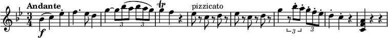 
\relative c' {
   \version "2.18.2"
   \clef "treble" 
   \tempo "Andante" 
   \key bes  \major
   \time 3/4
     bes'4 \f (c) ees -.
     f4. ees8 d4
     g4~ \tuplet 3/2 {g8 bes (a} \tuplet 3/2 {bes a g)} 
     g4 \trill f r4
     ees8^\markup { pizzicato } r8 c r8 d r8 
     ees r8 c r8 d r8
     g4 \tuplet 3/2 {r8 bes-. a-.} \tuplet 3/2 {g-. f-. ees-.} 
     d4-. c-. r4
     <c, f a> r4 r4
}
