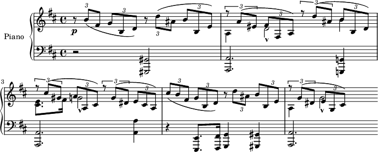 
\version "2.14.2"
\header {
  tagline = ##f
}
upper = \relative c'' {
  \clef treble 
  \key d \major
  \time 4/4
  \tempo 8 = 190
  %\autoBeamOff
   \override TupletBracket #'bracket-visibility = ##f

  \times 2/3 { r8\p b( fis } \times 2/3 { g b, d) } \times 2/3 { r8 d'( ais } \times 2/3 { b b, e) }
  << { \times 2/3 { r8 a( eis } \times 2/3 { fis fis, a) } \times 2/3 { r8 d'( ais } \times 2/3 { b b, d) } } \\ { a4 d2-^ b'4 } >>
  << { \times 2/3 { r8 cis( gis } \times 2/3 { a a, cis) } \times 2/3 { r8 g'( dis } \times 2/3 { e cis a) } } \\ { < e' cis >8. fis16 g!2-^ } >>
  \times 2/3 { cis8( b fis } \times 2/3 { g8 b, d) } \times 2/3 { r8 d'8 ais b } \times 2/3 { b,8 e) } 
  << { \times 2/3 { r8 g8( dis } \times 2/3 { e g, cis) } } \\ {a4 g'2-^ } >>

}

lower = \relative c {
  \clef bass
  \key d \major
  \time 4/4
    
   r2 < gis gis, >2 < a a, >2. < g! g,! >4 < a a, >2. < a' a, >4 r4 < e, e, >8. < fis fis, >16 < g g, >4 < gis gis, > < a a,>2. 
   
} 

\score {
  \new PianoStaff <<
    \set PianoStaff.instrumentName = #"Piano"
    \new Staff = "upper" \upper
    \new Staff = "lower" \lower
  >>
  \layout {
    \context {
      \Score
      \remove "Metronome_mark_engraver"
    }
  }
  \midi { }
}
