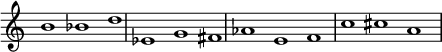 
{
\override Score.TimeSignature
#'stencil = ##f
\override Score.SpacingSpanner.strict-note-spacing = ##t
  \set Score.proportionalNotationDuration = #(ly:make-moment 3/2)
    \relative c'' {
        \time 3/1
        \set Score.tempoHideNote = ##t \tempo 1 = 60
        b1 bes d  
        es, g fis  
        aes e f  
        c' cis a
    }
}
