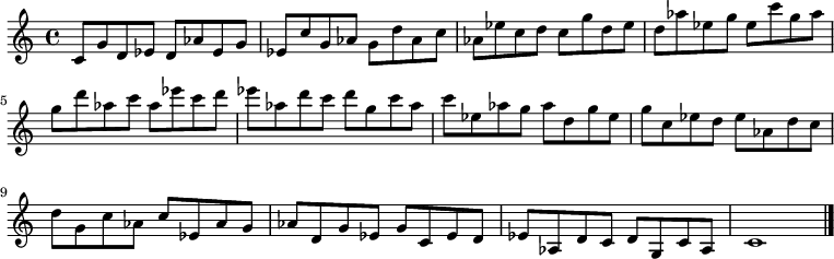 
{

\modalTranspose c c' { c d ees g aes } { c8 g d ees } 
\modalTranspose c d' { c d ees g aes } { c g d ees } 
\modalTranspose c ees' { c d ees g aes } { c g d ees } 
\modalTranspose c g' { c d ees g aes } { c g d ees } 
\modalTranspose c aes' { c d ees g aes } { c g d ees } 
\modalTranspose c c'' { c d ees g aes } { c g d ees } 
\modalTranspose c d'' { c d ees g aes } { c g d ees } 
\modalTranspose c ees'' { c d ees g aes } { c g d ees } 
\modalTranspose c g'' { c d ees g aes } { c g d ees } 
\modalTranspose c aes'' { c d ees g aes } { c g d ees } 

\modalInversion c ees''' { c d ees g aes } { c g d ees } 
\modalInversion c d''' { c d ees g aes } { c g d ees } 
\modalInversion c c''' { c d ees g aes } { c g d ees } 
\modalInversion c aes'' { c d ees g aes } { c g d ees } 
\modalInversion c g'' { c d ees g aes } { c g d ees } 
\modalInversion c ees'' { c d ees g aes } { c g d ees } 
\modalInversion c d'' { c d ees g aes } { c g d ees } 
\modalInversion c c'' { c d ees g aes } { c g d ees } 
\modalInversion c aes' { c d ees g aes } { c g d ees } 
\modalInversion c g' { c d ees g aes } { c g d ees } 
\modalInversion c ees' { c d ees g aes } { c g d ees } 
\modalInversion c d' { c d ees g aes } { c g d ees } 

c'1

\bar "|."
}
