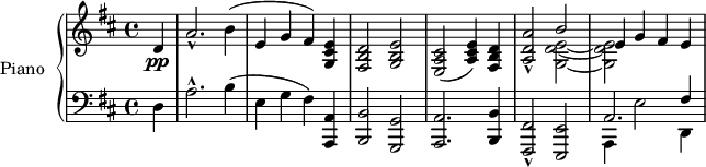 
\version "2.14.2"
\header {
 tagline = ##f
}
upper = \relative c' {
 \clef treble 
 \key d \major
 \time 4/4
 \tempo 4 = 73
 %\autoBeamOff

 \partial 4 d4\pp a'2.-^ b4( e, g fis) < e cis g >4
 < d b fis >2 < e b g > < cis a e >( < e cis a >4) < d b fis >
 < a' a, d>2-^ 
 << { b2 } \\ { < e, d g, >2~ } >>
 << { e4 g fis e } \\ { < e d g, >2~ } >>
}

lower = \relative c {
 \clef bass
 \key d \major
 \time 4/4
 
 \partial 4 d4 a'2.-^ b4( e, g fis)
 < a, a, >4 < b b, >2 < g g, > < a a, >2. < b b, >4 < fis-^ fis, >2 < e e, >
 << { a2. fis'4 } \\ { a,,4 e''2 d,4 } >>
 
} 

\score {
 \new PianoStaff <<
 \set PianoStaff.instrumentName = #"Piano"
 \new Staff = "upper" \upper
 \new Staff = "lower" \lower
 >>
 \layout {
 \context {
 \Score
 \remove "Metronome_mark_engraver"
 }
 }
 \midi { }
}
