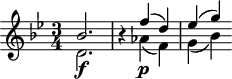 
\header {
 tagline = ##f
}

\score {
 \new Staff \with {

 }
<<
 \relative c'' {
 \key bes \major
 \time 3/4
 \override TupletBracket #'bracket-visibility = ##f 
 \autoBeamOff

 %%%%%%%%%%%%%%%%%%%%%%%%%% K45b
 << { bes2. } \\ { d,2.\f } >>
 r4
 << { f'4( d) ees( g) } \\ { aes,4\p( f) g( bes) } >>

 }
>>
 \layout {
 \context {
 \remove "Metronome_mark_engraver"
 }
 }
 \midi {}
}
