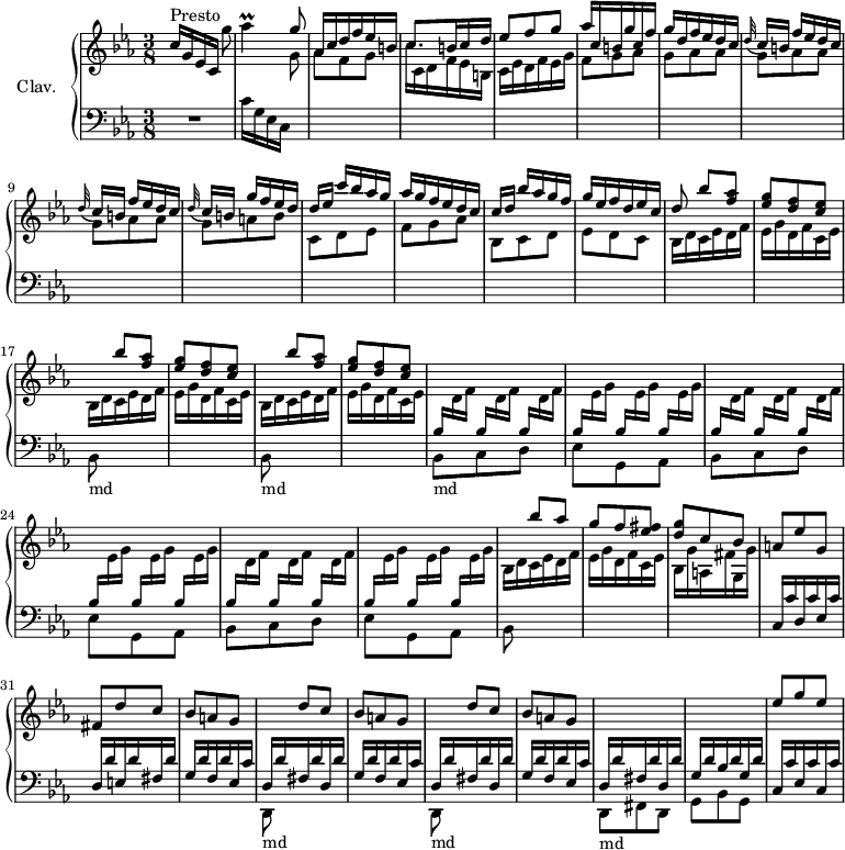 
\version "2.18.2"
\header {
  tagline = ##f
  % composer = "Domenico Scarlatti"
  % opus = "K. 48"
  % meter = "Presto"
}

%% les petites notes
trillAes     = { \tag #'print { aes4\prall } \tag #'midi { bes32 aes bes aes~ aes8 } }

upper = \relative c'' {
  \clef treble 
  \key c \minor
  \time 3/8
  \tempo 4. = 66 % tempo Ross
  \set Staff.midiInstrument = #"harpsichord"
  \override TupletBracket.bracket-visibility = ##f

      s8*0^\markup{Presto}
      c16[ g ees c] g''8 | \trillAes \stemUp g8 | aes,16 c d f ees b | \mergeDifferentlyDottedOn c8. b16 c d | ees8 f g |
      % ms. 6
      aes16 c, b g' c, f | g d f ees d c | \repeat unfold 2 { \appoggiatura d32 c16[ b] f' ees d c } | \appoggiatura d32 c16[ b] g' f ees d | d[ ees] c' bes aes g |
      % ms. 12
      aes g f ees d c | c[ d] bes' aes g f | g ees f d ees c | d8 \repeat unfold 3 { bes'[ < f aes >] | < ees g > < d f > < c ees > | 
      % ms. 18
         % < ees g >8 < d f > < c ees > | 
      \stemDown  \change Staff = "lower" bes,,8_\markup{md}  \stemUp \change Staff = "upper" } | \stemDown  \change Staff = "lower"
      % ms. 21 suite croisé vers le grave…
      \repeat unfold 3 { c8 d | ees g, aes | bes } | \stemUp \change Staff = "upper" bes'''[ aes]
      % ms. 28
      g8 f < ees fis > | < d g > c bes | a ees' g, | fis d' c | bes a g | \repeat unfold 2 { \stemDown  \change Staff = "lower" d,,8_\markup{md} \stemUp \change Staff = "upper"  d'''[ c] 
      % ms. 34
      bes8 a g } | \stemDown  \change Staff = "lower" d,,8_\markup{md} fis d | g bes g | \stemUp \change Staff = "upper" ees''' g ees |

}

lower = \relative c' {
  \clef bass
  \key c \minor
  \time 3/8
  \set Staff.midiInstrument = #"harpsichord"
  \override TupletBracket.bracket-visibility = ##f

    % ************************************** \appoggiatura a16  \repeat unfold 2 {  } \times 2/3 { }   \omit TupletNumber 
      R4. | c16[ g ees c] \stemDown \change Staff = "upper" g''8 | aes8 f g | c16 c, d f ees b | c ees d f ees g |
      % ms. 6
      f8 g aes | \repeat unfold 3 { g aes aes } | g a b | c, d ees |
      % ms. 12
      f8 g aes | bes, c d | ees d c | \repeat unfold 3 { bes16 d c ees d f | ees g d f c ees } \omit TupletNumber 
      % ms. 21
      \repeat unfold 3 { \repeat unfold 3 { \times 2/3 {  \stemUp  \change Staff = "lower" bes16[ \stemDown \change Staff = "upper" d f] } } | \repeat unfold 3 {  \stemUp  \change Staff = "lower" \times 2/3 { bes,16[ \stemDown \change Staff = "upper" ees g] } } } | 
      % ms. 27
      bes,16 d c ees d f | ees g d f c ees | bes g' a, fis' g, g' |  \stemUp  \change Staff = "lower"  c,,16 c' d, c' ees, c' | d, d' e, d' fis, d' | g, d' f, d' ees, c' | \repeat unfold 2 { d,16 d' fis, d' d, d' |
      % ms. 34
      g,16 d' f, d' ees, c' } | d,16 d' fis, d' d, d' | g, d' bes d g, d' | c, c' ees, c' c, c' 
      % ms. 40
      

}

thePianoStaff = \new PianoStaff <<
    \set PianoStaff.instrumentName = #"Clav."
    \new Staff = "upper" \upper
    \new Staff = "lower" \lower
  >>

\score {
  \keepWithTag #'print \thePianoStaff
  \layout {
      #(layout-set-staff-size 17)
    \context {
      \Score
     \override SpacingSpanner.common-shortest-duration = #(ly:make-moment 1/2)
      \remove "Metronome_mark_engraver"
    }
  }
}

\score {
  \keepWithTag #'midi \thePianoStaff
  \midi { }
}
