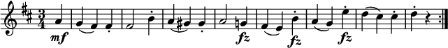 {\ relative a '{\ key d \ major \ time 3/4 \ partial 4 a4 \ mf |  g4 (f ascuțit) f ascuțit.  |  f ascuțit2 b4-.  |  a4 (g ascuțit) g ascuțit.  |  a2 g! 4 \ fz |  f ascuțit 4 (e) b'-.  \ fz |  a4 (g) e'-.  \ fz |  d4 (cis) cis-.  |  d4-.  r \ bar ": |."  }}
 