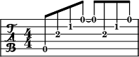 
\new TabStaff {
  \set Staff.midiInstrument = "acoustic guitar (steel)"
  \tabFullNotation
  \stemUp
  \numericTimeSignature
  \time 4/4
  a,8\5 a\3 c'\2 e'8~ e' a\3 c'\2 e'8
}
