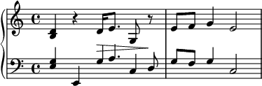 
\layout {
  \context {
    \PianoStaff
    \consists #Span_stem_engraver
  }
}

{
  \new PianoStaff <<
    \new Staff {
      <b d'>4 r d'16\> e'8. g8 r\!
      e'8 f' g'4 e'2
    }
    \new Staff {
      \clef bass
      \voiceOne
      \autoBeamOff
      \crossStaff { <e g>4 e, g16 a8. c8} d
      \autoBeamOn
      g8 f g4 c2
    }
  >>
}
