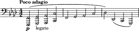 { \language "english" \time 4/2 \tempo "Poco adagio" %2=50 \clef bass \key f \moll \relative f, \set Staff.midiInstrument = #"tuba" (<f,,f, >2\p <g,,g,>_"legato" <af,,af,> <c,c> f, g, af, c df) df, (c, g,,) }