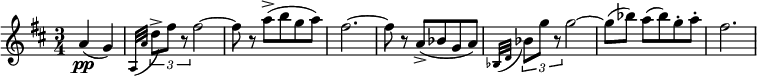 \relative c'' { \clef treble \time 3/4 \key re \major \partial 4*2 a\pp( g) |  \grace { a,32[( a'] } \times 2/3 { d8)-> fis r } fis2~ |  fis8 r a->( bga) |  fis2.~ |  fis8 ra,->( bes ga) |  \grace { bes,32[( d] } \times 2/3 { bes'8) g' r } g2~ |  g8([ bes)] a([ bes) g-.  a-.] |  fis2.  }