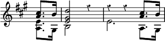 { \override Score.TimeSignature #'stencil = ##f \override Score.Rest #'style = #'classical \time 3/4 \key a \major \partial 4 \relative c'' { << { <cis a>8. b16 | <d gis, e>2 r4 | r r <cis a>8. b16 } \\ { <e, a,>8. gis,16 | b2 s4 | e2.\> } \\ { \stemDown s4 s2. s2 a,8. gis16 } >> } }