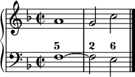 
\new PianoStaff <<
  \new Staff = "right"
  \relative c'' {
    \key f \major
    \time 2/2
    a1 g2 c
    \bar "|."
  }
  \new Staff = "left"
  \figuremode {
    <5>1 <2>2 <6>
  }
  \context Staff = "left"
  \relative c {
    \clef bass
    \key f \major
    \time 2/2
    f1~ f2 e
    \bar "|."
  }
>>
