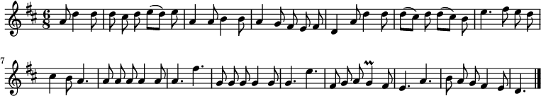 
\relative c'' {
  \key d \major
  \time 6/8
  \partial 2
  \autoBeamOff
  a8 d4 d8
  d cis d e([ d)] e
  a,4 a8 b4 b8
  a4 g8 fis e fis
  d4 a'8 d4 d8
  d[( cis]) d d[( cis]) b
  e4. fis8 e d

  cis4 b8 a4.
  a8 a a a4 a8
  a4. fis'
  g,8 g g g4 g8
  g4. e'
  fis,8 g a g4\prall fis8
  e4. a
  b8 a g fis4 e8
  d4.
  \bar "|."
}
