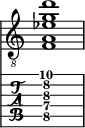  
<<
  %\override Score.BarLine.break-visibility = ##(#f #t #t)
  \time 1/1
    \new Staff  {
    \clef "treble_8"
        \once \override Staff.TimeSignature #'stencil = ##f
        < f a ees' g' d''>1
    }

     \new TabStaff {
       \override Stem #'transparent = ##t
       \override Beam #'transparent = ##t 
      < f\5 a\4 dis'\3 g'\2 d''\1>1
  }
>>
