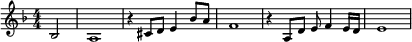 
  \new Staff \with { midiInstrument = "violin" \magnifyStaff #5/7 }
  \relative f { 
    \set Score.tempoHideNote = ##t
    \key d \minor
    \numericTimeSignature
    \time 4/4
    \tempo 4 = 108
     \partial 2 bes2 a1 r4 cis8 d e4 bes'8 a f1 r4 a,8 d e f4 e16 d e1
  }
  \layout {
    \context {
      \Score
      \override SpacingSpanner.base-shortest-duration = #(ly:make-moment 1/8)
    }
  }
