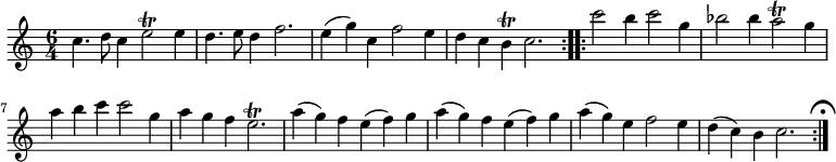 { \time 6/4 \relative c'' { \repeat volta 2 { c4. d8 c4 e2\trill e4 | d4. e8 d4 f2. | e4( g) c, f2 e4 | d c b\trill c2. } \repeat volta 2 { c'2 b4 c2 g4 | bes2 bes4 a2\trill g4 | a b c c2 g4 | a g f e2.\trill | a4( g) f e( f) g | a( g) f e( f) g | a( g) e f2 e4 | d( c) b c2. \mark \markup { \musicglyph #"scripts.ufermata" } } } }