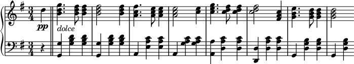 
 \relative b' {
 \new PianoStaff <<
 \new Staff { \key e \minor \time 3/4
 \tempo \markup { 
 \column {
 }
 }
 \partial 4 d\pp \bar "||" <b d g>4._\markup { \italic dolce } <b d fis>8 <b d fis>4 <b d fis>2 <b d fis>4 <a c fis>4. <a c e>8 <a c e>4 <a c e>2 <c e>4 <c e g>4. <c d fis>8 <c d fis>4 <c d fis>2 <fis, a c>4 <g b e>4. <g b d>8 <g b d>4 <g b d>2
 }
 \new Staff { \key e \minor \time 3/4 \clef bass
 r4 <g,, g'> <g' b d> <g b d> <g, g'> <g' b d> <g b d> a, <e' a c> <e a c> a, <g' a c> <g a c> <a, a'> <d a' c> <d a' c> <d d,> <d a' c> <d a' c> g, <d' g b> <d g b> g, <d' g b> }
 >>
 }
