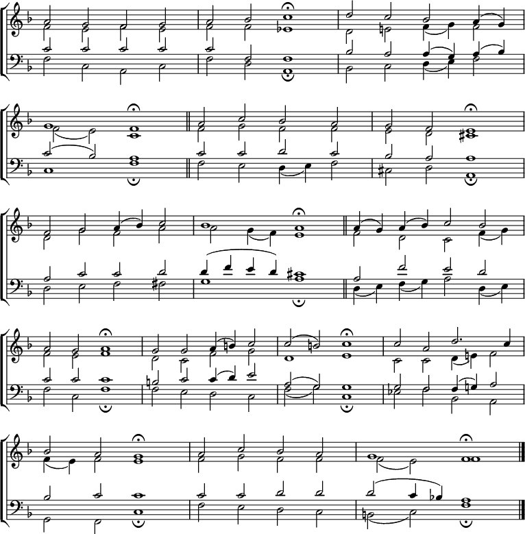 
\new ChoirStaff <<
  \new Staff { \clef treble \time 4/2 \key f \major \set Staff.midiInstrument = "church organ" \omit Staff.TimeSignature \set Score.tempoHideNote = ##t \override Score.BarNumber  #'transparent = ##t
  \relative c''
  << { a2 g f g | a bes c1 \fermata d2 c bes a4( g) \break
       g1 f \fermata \bar"||" a2 c bes a | g f e1 \fermata \break
       f2 g a4( bes) c2 | bes1 a \fermata \bar"||" a4( g) a( bes) c2 bes \break
       a g a1 \fermata | g2 g a4( b) c2 | c( b) c1 \fermata | c2 a d2. c4 \break
       bes2 a g1 \fermata | a2 c bes a | g1 f \fermata \bar"|." } \\
  { f2 e f e | f f es1 | d2 e! f4( g) f2
    f( e) c1 | f2 g f f | e d cis1
    d2 g f a | a g4( f) e1 | f2 d c f4( g) 
    f2 e f1 | d2 c f g | d1 e | c2 c d4( e!) f2
    f4( e) f2 e1 | f2 g f f | f( e) f1 } >>
  } 
\new Staff { \clef bass \key f \major \set Staff.midiInstrument = "church organ" \omit Staff.TimeSignature
  \relative c'
  << { c2 c c c | c f, f1 | bes2 a a4( g) a( bes) 
       c2( bes) a1 | c2 c d c | bes a a1
       a2 c c d | d4( f e d) cis1 | a2 f' e d 
       c c c1 | b2 c c4( d) e2 | a,( g) g1 | g2 f f4( g!) a2
       bes c c1 | c2 c d d | d( c4 bes!) a1 } \\
  { f2 c a c | f d a1 \fermata | bes2 c d4( e) f2
    c1 f \fermata | f2 e d4( e) f2 | cis d a1 \fermata 
    d2 e f fis | g1 a \fermata | d,4( e) f( g) a2 d,4( e)
    f2 c f1 \fermata | f2 e d c | f( g) c,1 \fermata | es2 f bes, a
    g f c'1 \fermata | f2 e d c | b( c) f1 \fermata } >>
  } 
>>
\layout { indent = #0 }
\midi { \tempo 2 = 48 }
