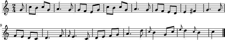 
\relative c'' {
  \time 2/4
  \partial 8
  g8
  c b c g
  a4. g8
  g f e g
  c b c g
  a4. g8
  g f e d
  e4 fis
  g4. g8
  f e d c
  d4. f8
  \grace f e4. c8
  d e f g
  a4. d8
  \grace c b4 g8 c
  \grace e8 d4 \grace c8 b4
  c
  \bar "|."
}
