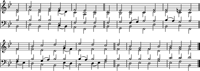 
<< <<
\new Staff { \clef treble \time 4/2 \partial 2 \key bes \major \set Staff.midiInstrument = "church organ" \omit Staff.TimeSignature \set Score.tempoHideNote = ##t \override Score.BarNumber #'transparent = ##t
 \relative c'
 << { f2 | bes f g g | f es d \bar"||" d | es d c f | 
 f e f \bar"||" \break f | bes c d bes | 
 es d c \bar"||" d | bes g f bes | bes a bes \bar"|." } \\
 { d,2 | f d es es4( d) | c2 a bes bes | bes bes c d |
 d c c f | f es d g4( f) |
 es2 f f f | f es f d | g f f } >>
}
%%\new Lyrics \lyricsmode { put lyrics here if you insist }
\new Staff { \clef bass \key bes \major \set Staff.midiInstrument = "church organ" \omit Staff.TimeSignature
 \relative c'
 << { bes2 | bes bes bes es, | f f f f | g f4( g) a2 a |
 bes4( a) g2 a a | bes g4( a) bes2 bes | 
 bes4( a) bes2 a bes | bes bes bes bes | c c d } \\
 { bes,2 | d bes es c4( bes) | a2 f bes bes | g bes f d' |
 bes c f, f'4( es) | d2 c bes es4( d) | 
 c2 d4( es) f2 bes, | d es d g | es f bes, } >>
}
>> >>
\layout { indent = #0 }
\midi { \tempo 2 = 90 }
