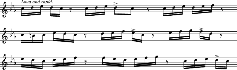 { \override Score.TimeSignature #'stencil = ##f \key ees \major \relative c'' { \cadenzaOn c16[^\markup { \smaller \italic "Loud and rapid." } d ees] d[ c] r8 c16[ d ees] d8[-> c] r c16[ d ees] d[ ees f] r8 \bar "" \break c16[ b c] ees[ d c] r8 d16[ ees f] ees[-> c] r8 ees16[ f g] f[-> d] r8 \bar "" \break ees16[ d c] d[ ees f] r8 f16[ ees d] ees[ f g] r8 c,16[ d ees] d[-> c] \bar ".|." } }