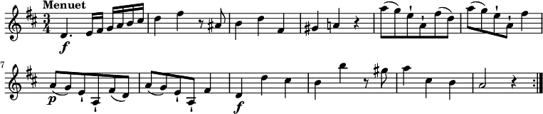  \relative c' {          \version "2.18.2"         \clef "treble"          \tempo "Menuet"          \key d \major         \time 3/4                  d4. \f e16 fis g a b cis                  d4 fis4 r8 ais,8                  b4 d fis,                  gis a! r4                  a'8 (g) e-! a,-! fis' (d)                  a'8 (g) e-! a,-! fis'4                      a,8\p (g) e-! a,-! fis' (d)                  a'8 (g) e-! a,-! fis'4                  d4\f d' cis                  b b' r8 gis8                  a4 cis, b                  a2 r4 \bar ":|."}