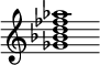 {
  % Rivin lopun pystyviiva ja tahtiosoitus piiloon.
  \override Score.BarLine.break-visibility = ##(#f #t #t)
  \override Staff.TimeSignature #'stencil = ##f
  
  <ges' bes' d'' fes'' aes''>1
}
