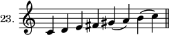 
\new Staff \with {\remove "Time_signature_engraver" instrumentName = #"23. "} {\relative c' {\time 8/4 c4 d e fis gis( a) b( c)} \bar "||"}
