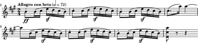 
\ new Score {\ new Staff {\ relativní e '' {\ set Staff.midiInstrument = #"housle" \ set Score.currentBarNumber = #5 \ time 2/4 \ key a \ major \ clef treble \ tempo "Allegro con brio "2 = 72 \ bar" "b8-. \ ff b16 (cis e \ sf d cis b) cis8-.  cis16 (d fis \ sf ed cis) b8-.  b16 (cis e \ sf d cis b) cis8. (a'16) a4 ~ a8 b, 16 (cis e \ sf d cis b) cis8-.  cis16 (d fis \ sf ed cis) b8-.  b16 (cis e \ sf d cis b) <e, cis 'a'> 8 r r4 \ bar ": |"  }}}
