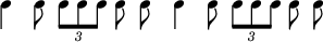 { \override Score.TimeSignature #'stencil = ##f \time 7/8 \new RhythmicStaff \stopStaff \stemDown \autoBeamOff { c4 c8 \times 2/3 { c8[ c c] } c c | c4 c8 \times 2/3 { c[ c c] } c c } }