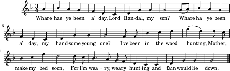 
music = {
    \language "english"
    {
        { \new PianoStaff <<
            { \new Staff <<
                \set Staff.midiInstrument = "violin"
                \relative c'' {
                    \autoBeamOff
                    \set Score.tempoHideNote = ##t \tempo 4 = 120
                    \key f \major
                    \time 3/4
                    
                    \partial 4 \stemUp a4 |
                    bf a g |
                    f d c |
                    d g g |
                    g2 g8[( a)] |
                    
                    bf4 a g |
                    f d c |
                    d g g |
                    g2 f8 f |
                    
                    \stemDown bf4 c d |
                    f( d) d8 c |
                    bf4 c f |
                    d2 d8 c |
                    
                    \stemUp bf4. a8 g f |
                    d4 c c |
                    d g g |
                    g2
                    \bar "|."
                }
                \addlyrics {
                    Whare hae ye been a' day, Lord Ran -- dal, my son?
                    Whare ha ye been a' day, my hand -- some young one?
                    I've been in the wood hunting, Moth -- er, make my bed soon,
                    For I'm wea -- ry, wea -- ry hunt -- ing and fain would lie down.
                }
            >> }
        >> }
    }
}
\header {
    tagline = "" % no footer
}
\score {
  \music
  \layout { }
}
\score {
  \unfoldRepeats {
    \music
  }
  \midi { }
}
