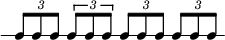  {\ override Score.TimeSignature # 'stencil = ## f \ new RhythmicStaff {\ clef percussion \ time 5/4 \ set Score.tempoHideNote = ## t \ tempo 4 = 100 \ tuplet 3/2 {c8 cc} \ once \ override TupletBracket.bracket-visible = ## t \ tuplet 3/2 {c8 cc} \ once \ override TupletNumber.text = # tuplet-number :: calc-fracción-text \ tuplet 3/2 {c8 cc} \ once \ override TupletNumber.text = # (tuplet-number :: append-note-wrapper (tuplet-number :: non-default-tuplet-fracción-text 3 2) "8") \ tuplet 3/2 {c8 cc}} }
