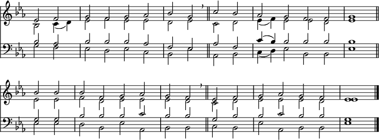 
<< <<
\new Staff { \clef treble \time 4/2 \partial 1 \key es \major \set Staff.midiInstrument = "church organ" \omit Staff.TimeSignature \set Score.tempoHideNote = ##t \override Score.BarNumber  #'transparent = ##t 
  \relative c'
  << {  es2 f | g f g aes | bes g \breathe \bar"||" c bes| aes g f f | g1 \bar"||" \break
  bes2 bes | bes f g aes | g f \breathe \bar"||" es f | g aes g f | es1 \bar"|." } \\
  { bes2 c4( d) | es2 f es es | d es c d | es4( f) es2 es d | es1
  es2 es | f d es es | es d c d | es es es d |es1 } >>
}
\new Staff { \clef bass \key es \major \set Staff.midiInstrument = "church organ" \omit Staff.TimeSignature
  \relative c'
  << { bes2 aes | bes bes bes aes | f es aes f | c'4( bes) bes2 bes bes | bes1
  g2 g | bes bes bes c |bes bes g bes | bes c bes bes | g1 } \\
  { g2 f | es d es c | bes es aes, bes | c4( d) es2 bes bes | es1
  es2 es | d bes es aes, |bes bes c bes | es aes, bes bes | es1 } >>
}
>> >>
\layout { indent = #0 }
\midi { \tempo 2 = 60 }
