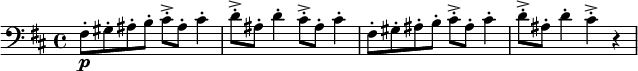 \ relativní c {\ set Score.tempoHideNote = ## t \ tempo 4 = 138 \ klíč "basů" \ klíč b \ minor fis8-.  \ p gis-.  ais-.  b-.  cis -.-> ais-.  cis4-.  |  d8 -.-> ais-.  d4-.  cis8 -.-> ais-.  cis4-.  |  fis, 8-.  gis-.  ais-.  b-.  cis -.-> ais-.  cis4-.  |  d8 -.-> ais-.  d4-.  cis4 -.-> r4}