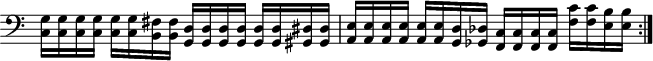 
\header { tagline = "" }
\score {
 \new Staff \with { \remove "Time_signature_engraver" }
 \repeat volta 2 {
 \clef "bass"
 {<c g>16 <c g> <c g> <c g> <c g> <c g> <b, fis> <b, fis> <g, d> <g, d> <g, d> <g, d> <g, d> <g, d> <gis, dis> <gis, dis> <a, e> <a, e> <a, e> <a, e> <a, e> <a, e> <g, d> <ges, des> <f, c> <f, c> <f, c> <f, c> <f c'> <f c'> <e b> <e b>}
 }
 \layout { }
}
\score { % "unfold" this score copy so MIDI plays the repeated section twice
 \unfoldRepeats {
 \repeat volta 2 {<c g>16 <c g> <c g> <c g> <c g> <c g> <b, fis> <b, fis> <g, d> <g, d> <g, d> <g, d> <g, d> <g, d> <gis, dis> <gis, dis> <a, e> <a, e> <a, e> <a, e> <a, e> <a, e> <g, d> <ges, des> <f, c> <f, c> <f, c> <f, c> <f c'> <f c'> <e b> <e b>}
 }
 \midi { }
}
