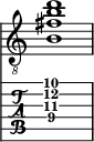  
<<
  %\override Score.BarLine.break-visibility = ##(#f #t #t)
  \time 1/1
    \new Staff  {
    \clef "treble_8"
        \once \override Staff.TimeSignature #'stencil = ##f
        <  b fis' b' d''>1
    }

     \new TabStaff {
       \override Stem #'transparent = ##t
       \override Beam #'transparent = ##t 
      <  b\4 fis'\3 b'\2 d''\1>1
  }
>>
