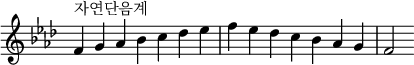  {
\omit Score.TimeSignature \relative c' {
  \key f \minor \time 7/4 f^"자연단음계" g aes bes c des es f es des c bes aes g f2
} }
