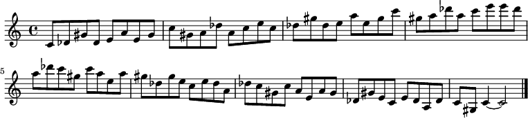 
{

\modalTranspose c c' { c des e gis a } { c8 des gis } 
\modalTranspose c des' { c des e gis a } { c des gis } 
\modalTranspose c e' { c des e gis a } { c des gis } 
\modalTranspose c gis' { c des e gis a } { c des gis } 
\modalTranspose c a' { c des e gis a } { c des gis } 
\modalTranspose c c'' { c des e gis a } { c des gis } 
\modalTranspose c des'' { c des e gis a } { c des gis } 
\modalTranspose c e'' { c des e gis a } { c des gis } 
\modalTranspose c gis'' { c des e gis a } { c des gis } 
\modalTranspose c a'' { c des e gis a } { c des gis } 

\modalInversion c e''' { c des e gis a } { c des gis } 
\modalInversion c des''' { c des e gis a } { c des gis } 
\modalInversion c c''' { c des e gis a } { c des gis } 
\modalInversion c a'' { c des e gis a } { c des gis } 
\modalInversion c gis'' { c des e gis a } { c des gis } 
\modalInversion c e'' { c des e gis a } { c des gis } 
\modalInversion c des'' { c des e gis a } { c des gis } 
\modalInversion c c'' { c des e gis a } { c des gis } 
\modalInversion c a' { c des e gis a } { c des gis } 
\modalInversion c gis' { c des e gis a } { c des gis } 
\modalInversion c e' { c des e gis a } { c des gis } 
\modalInversion c des' { c des e gis a } { c des gis } 

c'4~ c'2

\bar "|."
}
