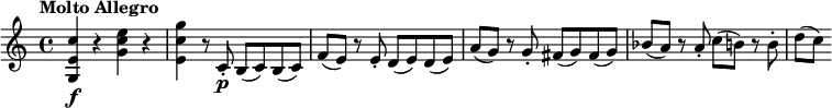 
\relative c'' {
  \version "2.18.2"
  \key c \major
  \tempo "Molto Allegro"
  <c e, g,>\f r <e c g> r <g c, e,> r8 c,,-.\p b (c) b (c) f (e) r e-. d (e) d (e) a (g) r g-. fis (g) fis (g) bes (a) r a-. c (b) r b-. | d[( c])
}
