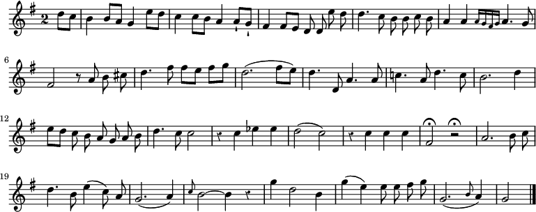 
\relative c'' {
  \override Rest #'style = #'classical
  \key g \major
  \override Staff.TimeSignature #'style = #'single-digit
  \time 2/2
  \partial 4
  \autoBeamOff
  d8[ c]
  b4 b8[ a] g4 e'8[ d]
  c4 c8[ b] a4 a8[-! g]-!
  fis4 fis8[ e] d d e' d
  d4. c8 b b c b

  a4 a \grace { a16[ g fis g] } a4. g8
  fis2 r8 a b cis
  d4. fis8 fis[ e] fis[ g]
  d2.( fis8[ e])
  d4. d,8 a'4. a8
  c!4. a8 d4. c8

  b2. d4
  e8[ d] c b a g a b
  d4. c8 c2
  r4 c ees ees
  d2( c)
  r4 c c c
  fis,2\fermata r\fermata

  a2. b8 c
  d4. b8 e4( c8) a
  g2.( a4)
  \grace c8 b2~ b4 r
  g' d2 b4
  g'( e) e8 e fis g
  g,2.( \grace b8 a4)
  g2
  \bar "|."
}
