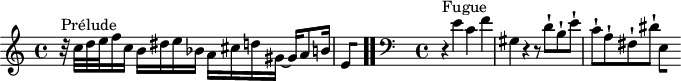 
\version "2.18.2"
\header {
  tagline = ##f
}

\score {
  \new Staff \with {
%fontSize = #-2
  }
<<
  \relative c'' {
    \key a \minor
    \time 4/4

     %% INCIPIT CBT II-20, BWV 889, la mineur
      r32^\markup{Prélude} c32 d e f16 c b16 dis e bes a cis d gis,~ gis a8 b16 | \once \override Staff.TimeSignature #'stencil = ##f \time 2/8
{ 
 % suppression des warnings :
 #(ly:set-option 'warning-as-error #f)
 #(ly:expect-warning (_ "stem does not fit in beam")) %% <= à traduire éventuellement
 #(ly:expect-warning (_ "beam was started here")) %% <= à traduire éventuellement
  \set stemRightBeamCount = #1
  e,4*1/2[ s]
} \bar ".."

     \skip 8*1
     %\once \override Staff.Clef.full-size-change = ##t
     \relative c' 
     \override Staff.Clef.extra-offset = #'( -1 . 0 )
    \time 4/4 \clef bass
     \partial 1
     r4^\markup{Fugue} e4 c f gis, r4 r8 d'8-! b-! e-! c-! a-! fis-! dis'-! 
{ 
 % suppression des warnings :
 #(ly:set-option 'warning-as-error #f)
 #(ly:expect-warning (_ "stem does not fit in beam")) %% <= à traduire éventuellement
 #(ly:expect-warning (_ "beam was started here")) %% <= à traduire éventuellement
  \set stemRightBeamCount = #1
  e,4*1/2[ s]
}

  }
>>
  \layout {
     \context { \Score \remove "Metronome_mark_engraver" 
     \override SpacingSpanner.common-shortest-duration = #(ly:make-moment 1/2) 
       }
  }
  \midi {}
}
