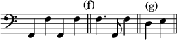 { \override Score.TimeSignature #'stencil = ##f  \set Timing.defaultBarType = "||" \clef bass f,4 f f, f \mark \markup { \smaller (f) } \time 3/4 f4. f,8 f4 \time 2/4 d^"(g)" e }