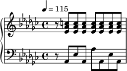  {
 \new PianoStaff <<
   \new Staff {  \tempo 4=115 \clef violin \key es \minor \time 4/4 { r8 <es' aes' c''>8 <es' aes' c''>8 <es' aes' c''>8 <es' aes' c''>8 <es' aes' c''>8 <es' aes' c''>8 <es' aes' c''>8 } }
   \new Staff {                          \clef bass   \key es \minor \time 4/4 { r8 aes,8 es8 aes,8 aes8 aes,8 es8 aes,8} } 
>> }