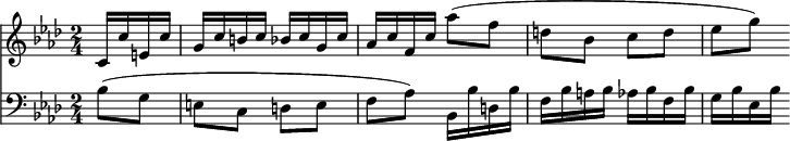 { \time 2/4 \key aes \major << \partial 4 \relative c' { c16 c' e, c' | g c b c bes c g c | aes c f, c' aes'8( f | d bes c d | ees g) }
\new Staff { \clef bass \key aes \major \relative b { bes8( g | e c d e | f aes) bes,16 bes' d, bes' | f bes a bes aes bes f bes | g bes ees, bes' } } >> }