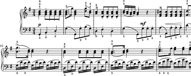 
\paper { #(set-paper-size "a2") oddHeaderMarkup = \evenHeaderMarkup }
\header { tagline = ##f }
\version "2.18.2"
\score {
\midi {  }
\layout { line-width = #320
indent = 2\cm}
\new PianoStaff <<
\new Staff = "up" { \clef "violin" \key g \major \time 3/4 \relative g' {
<g b d>4---1-2-4 <g b d>8-.[<g b d>_. <g b d>_. <g b d>_.] | <g b d>8.-3([g'16]) <g, b d>4 <d' g>8-2-5([<b d>-1-2]) | \stemUp <a c>4-2-4 <d, a' c>8-.[<d a' c>-. <d a' c>-. <d a' c>-.] | <b' d>16-3-5([<a c> <g b> <a c>]) <g b>4 r | <e g cis>-4 <e g cis>8[<e g cis> <e g cis> <e g cis>] | <fis d'>8.-1-3[<g e'>16-1-4] \stemNeutral <a fis'>4-1-5 r8 <a fis'>8-1-4 | 
<b g'>8.-2-5([<g e'>16-1-4]) <fis d'>4-2-5 <e g cis>-4 | <fis d'> r r \bar ":|.|:" <a d fis>-4 <a d fis>8[<a d fis> <a d fis> <a d fis>] | <b g'>8.^>-5([<b d>16]) <b d>4 r | <a c>-2-4 <a c>8[<a c> <a c> <a c>] | 
<g b>8.-1-3([<a c>16]) <b d>4 r | <c e>8.^>-1-3[fis16] <e g>8[<e g> <e g>-2-4 <e g>] | <d g>8.-1-3([<fis a>16]) <g b>4 r8 <d b'>-1-4 | <e c'>8.-2-5([<c a'>16-4]) <b g'>4-2-5 <a fis'>-1-4 | <b g'> r r \bar ":|."
} }
\new Staff = "down" { \clef "bass" \key g \major \time 3/4 \relative a, {
g4-._5^\p b-._4 \stemUp d-._2 | \stemNeutral g(g,8)[g'-._2 b_1(g)] | d4-._5 fis-._2 d-. | \stemDown g_1(g,8_5)[g'-._1^\mf g-._3 g-._2] | a4_1(a,8)^\<[a'-._1 a-._3 a-._2] \! | d4_1(d,8)^\<[d'-._1 d-._2 d-._1] | 
g,4_3^\> a_1\! \stemUp a,_5 | d-._1^\p a-._2 e-. \stemNeutral | d'16_5(^\f [d' c d]) d,([d' c d]) d,([d' c d]) | g,_4([d' c_2 d]) g,([d' c d]) g,([d' c d]) | d,_5([d' fis,_3  d']) d,([d' fis, d']) d,([d' fis, d']) | g,_5([d' b d]) g,([d' b d]) g,([d' b d]) | c_4([e_2 g_1 e]) c([e g e]) c([e g e]) | b_5([d_2 g_1 a,_4]) g_5([b_3 d b]) g_5([b_4 d_2 g_1]) | c,4-._3^\> d-._1\! d,-. | g-._1 d-._2 g,-. |
} }
>> }