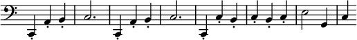 \relative c, { \clef bass \time 3/4 \override Score.TimeSignature #'stencil = ##f
  c4-. a'-. b-. c2. c,4-. a'-. b-. c2. c,4-. c'-. b-. c-. b-. c-. e2 g,4 c4 }