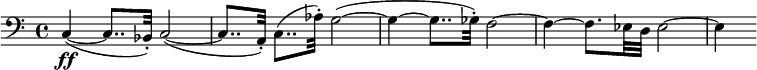 
\relative c {
\clef bass
\time 4/4
\set Score.tempoHideNote = ##t
\tempo 8 = 100
c4\ff( ~ c8.. bes32-.) c2( ~
c8.. a32-.) c8..( aes'32-.) g2( ~
g4 ~ g8.. ges32-.) f2 ~
f4 ~ f8. ees32 d ees2 ~
ees4
}
