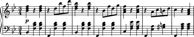 
 \relative b' {
  \new PianoStaff <<
   \new Staff { \key g \minor \time 3/4 \set Score.tempoHideNote = ##t
     \tempo 2. = 56
    <<
   {
     <bes d f>4 r <bes d f>4 r d8 bes' f d' <d, f bes>4 r <d f bes>4 r bes8 f' d g <a, c f>4 r <a c f>4 r a8 c b d c4 r <f, a c>
   }
    >>
   }
   \new Dynamics {
    s\p
   }
   \new Staff { \key g \minor \time 3/4 \clef bass
    bes,, <f' bes d> <f bes d> f, <f' bes d> <f bes d> bes, <f' bes d> <f bes d> f, <f' bes d> <f bes d> c <f a ees'> <f a ees'> f, <ees' a> <gis b> f, <f' a c> <f a c>
   }
  >>
 }
