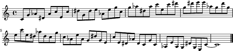 
{

\modalTranspose c c' { c dis e g aes } { c8 g aes } 
\modalTranspose c dis' { c dis e g aes } { c g aes } 
\modalTranspose c e' { c dis e g aes } { c g aes } 
\modalTranspose c g' { c dis e g aes } { c g aes } 
\modalTranspose c aes' { c dis e g aes } { c g aes } 
\modalTranspose c c'' { c dis e g aes } { c g aes } 
\modalTranspose c dis'' { c dis e g aes } { c g aes } 
\modalTranspose c e'' { c dis e g aes } { c g aes } 
\modalTranspose c g'' { c dis e g aes } { c g aes } 

\modalInversion c e''' { c dis e g aes } { c g aes } 
\modalInversion c dis''' { c dis e g aes } { c g aes } 
\modalInversion c c''' { c dis e g aes } { c g aes } 
\modalInversion c aes'' { c dis e g aes } { c g aes } 
\modalInversion c g'' { c dis e g aes } { c g aes } 
\modalInversion c e'' { c dis e g aes } { c g aes } 
\modalInversion c dis'' { c dis e g aes } { c g aes } 
\modalInversion c c'' { c dis e g aes } { c g aes } 
\modalInversion c aes' { c dis e g aes } { c g aes } 
\modalInversion c g' { c dis e g aes } { c g aes } 
\modalInversion c e' { c dis e g aes } { c g aes } 
\modalInversion c dis' { c dis e g aes } { c g aes } 

c'~ c'1

\bar "|."
}
